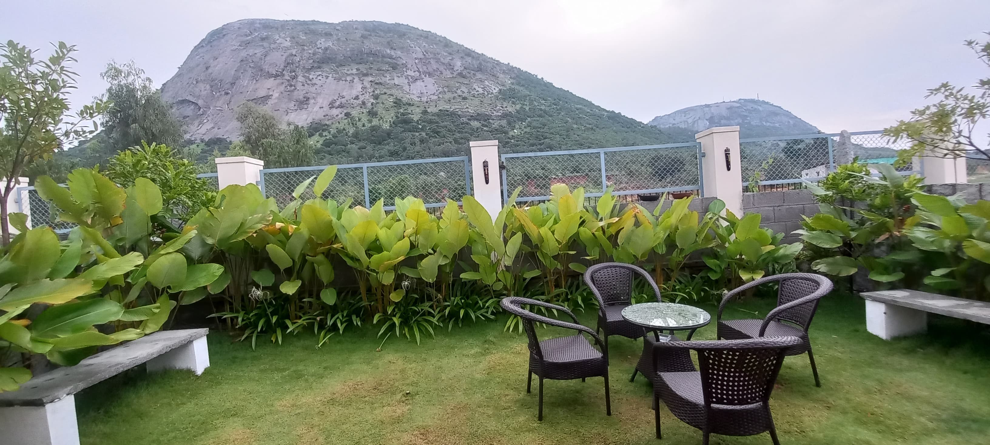 Outdoor seating area with mountain views